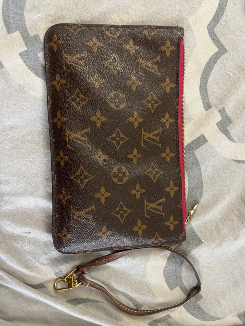 Louis Vuitton Monogram Canvas Wristlet Pouch in Brown with Pink Trim